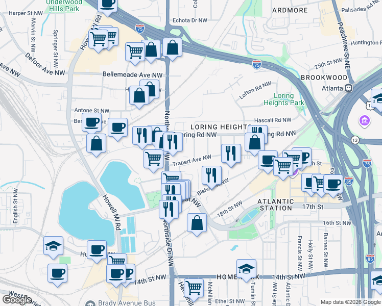 map of restaurants, bars, coffee shops, grocery stores, and more near 563 Trabert Avenue Northwest in Atlanta