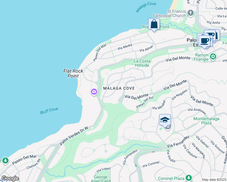 map of restaurants, bars, coffee shops, grocery stores, and more near 1605 Vía Lazo in Palos Verdes Estates