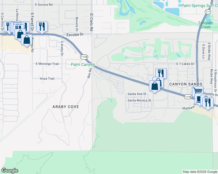 map of restaurants, bars, coffee shops, grocery stores, and more near 2143 Southridge Drive in Palm Springs