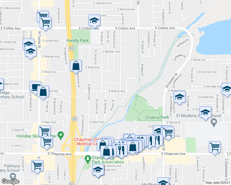 map of restaurants, bars, coffee shops, grocery stores, and more near 495 North Fern Street in Orange