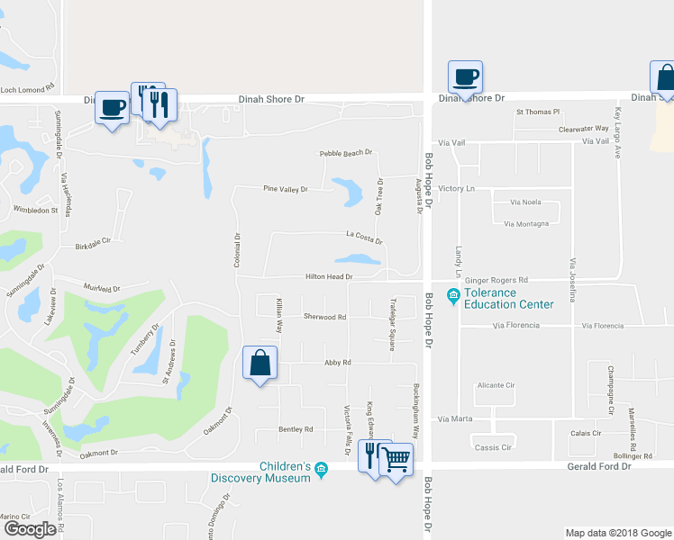 map of restaurants, bars, coffee shops, grocery stores, and more near 22 Hilton Head Drive in Rancho Mirage