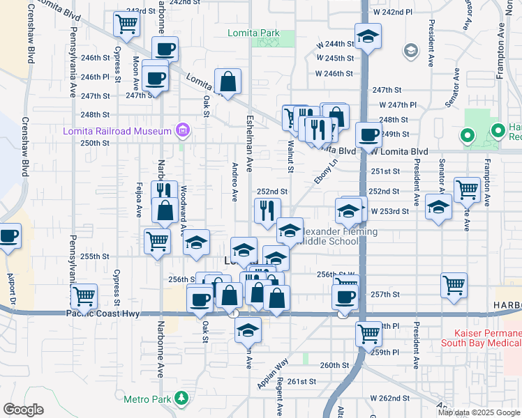 map of restaurants, bars, coffee shops, grocery stores, and more near 1952 West 253rd Street in Lomita