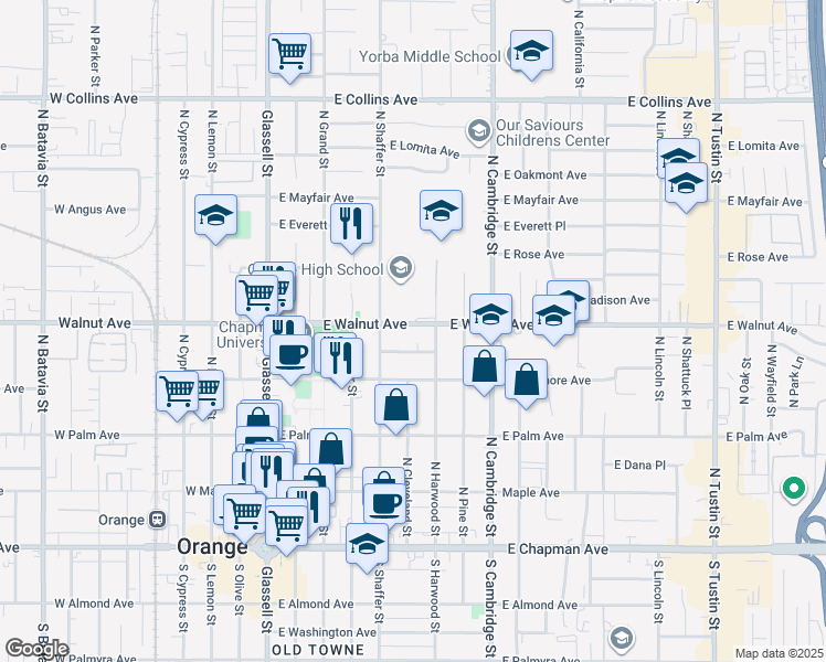map of restaurants, bars, coffee shops, grocery stores, and more near 604 East Walnut Avenue in Orange
