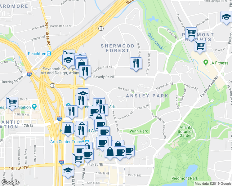 map of restaurants, bars, coffee shops, grocery stores, and more near 282 The Prado Northeast in Atlanta