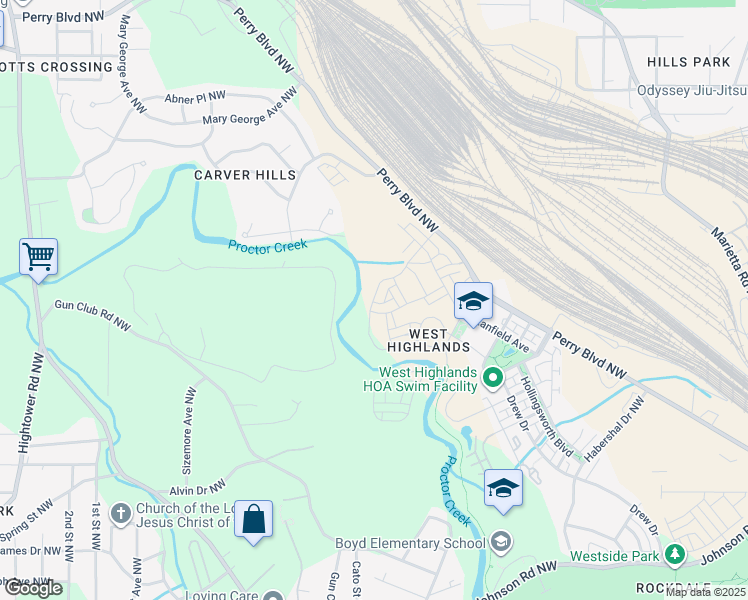 map of restaurants, bars, coffee shops, grocery stores, and more near 2501 Drew Drive in Atlanta