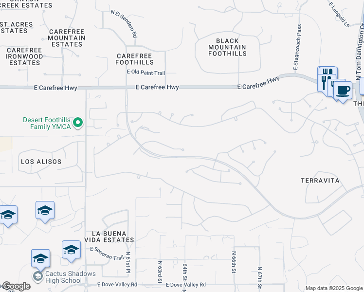 map of restaurants, bars, coffee shops, grocery stores, and more near 6346 E Dusty Coyote Cir in Scottsdale