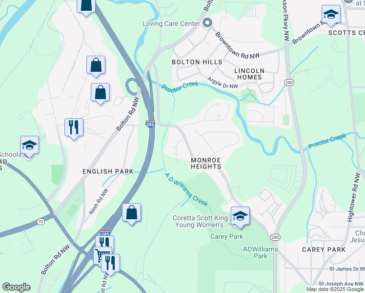 map of restaurants, bars, coffee shops, grocery stores, and more near 1456 Northwest Drive Northwest in Atlanta