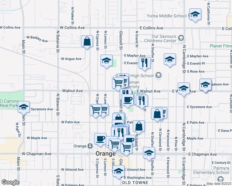 map of restaurants, bars, coffee shops, grocery stores, and more near 140 West Walnut Avenue in Orange