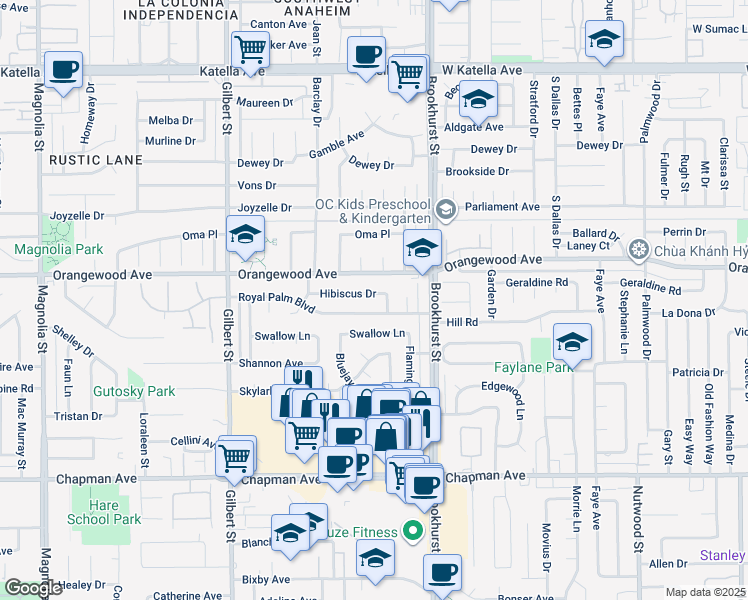 map of restaurants, bars, coffee shops, grocery stores, and more near 9852 Hibiscus Drive in Garden Grove