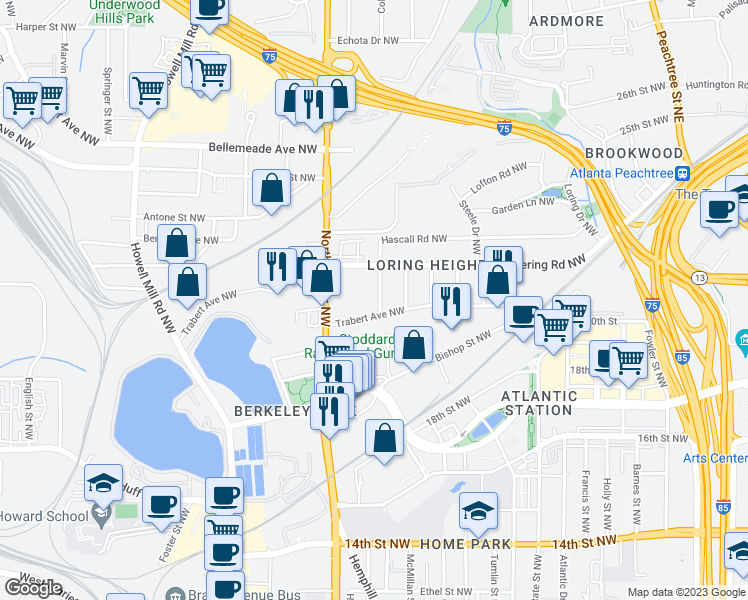 map of restaurants, bars, coffee shops, grocery stores, and more near 1464 Hawthorne Avenue Northwest in Atlanta