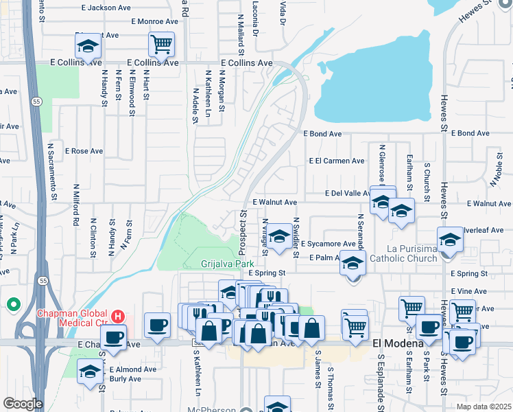 map of restaurants, bars, coffee shops, grocery stores, and more near 470 North Londonderry Lane in Orange