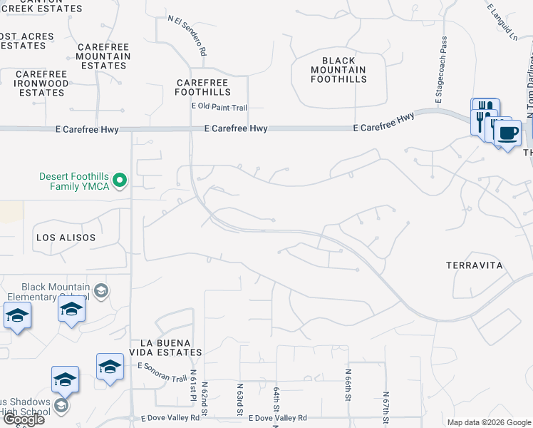 map of restaurants, bars, coffee shops, grocery stores, and more near 6346 East Dusty Coyote Circle in Scottsdale