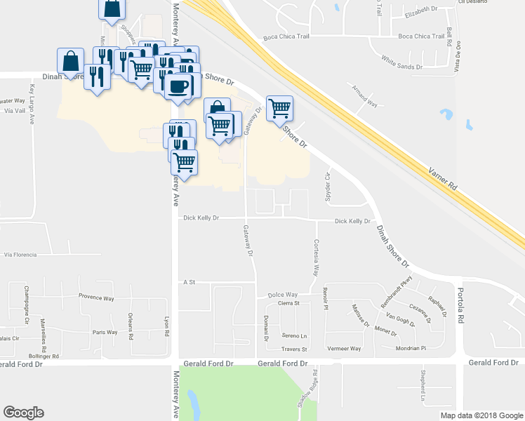 map of restaurants, bars, coffee shops, grocery stores, and more near in Palm Desert