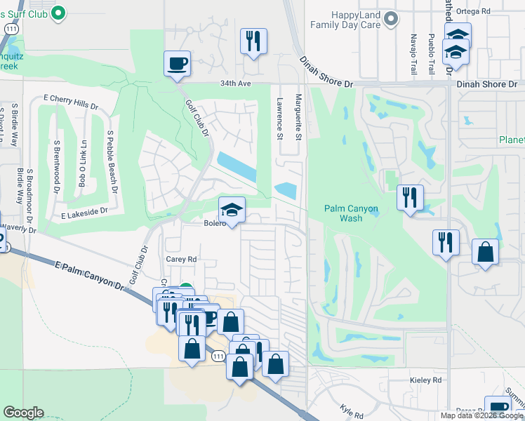map of restaurants, bars, coffee shops, grocery stores, and more near 6288 East Driver Road in Palm Springs
