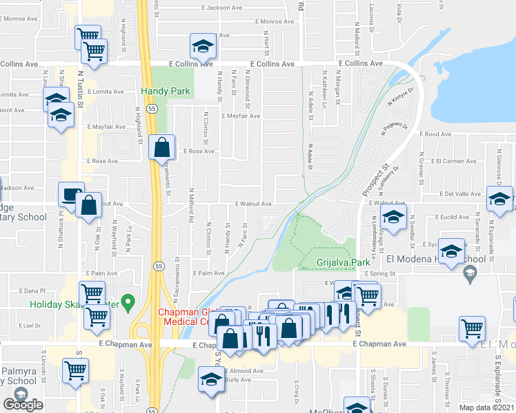 map of restaurants, bars, coffee shops, grocery stores, and more near 495 North Fern Street in Orange
