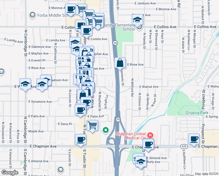 map of restaurants, bars, coffee shops, grocery stores, and more near 2015 East Walnut Avenue in Orange
