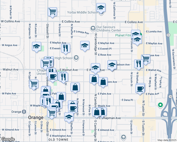 map of restaurants, bars, coffee shops, grocery stores, and more near 724 East Walnut Avenue in Orange