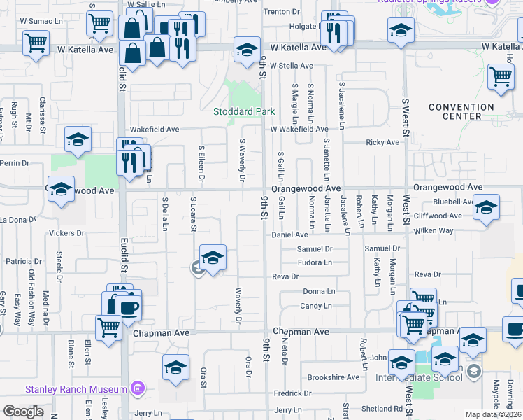 map of restaurants, bars, coffee shops, grocery stores, and more near 1509 West Lorane Way in Anaheim