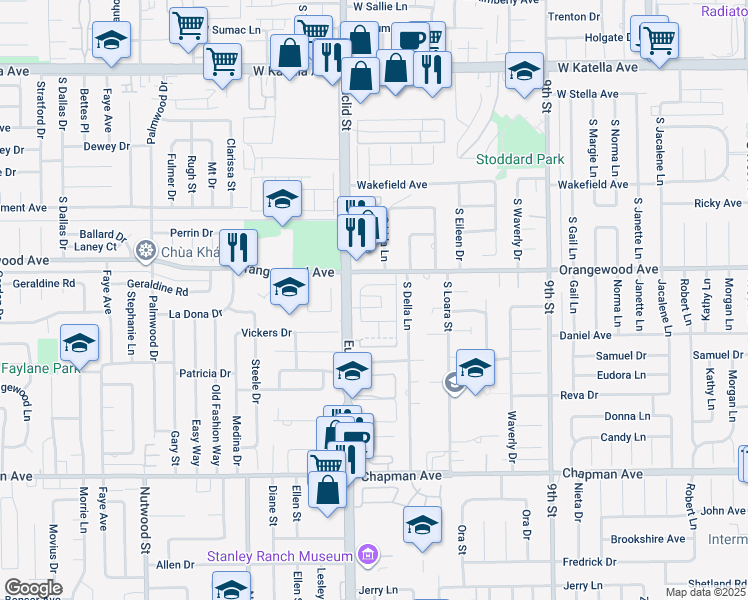 map of restaurants, bars, coffee shops, grocery stores, and more near 2111 South Cindy Place in Anaheim