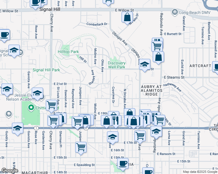 map of restaurants, bars, coffee shops, grocery stores, and more near 2099 Temple Avenue in Signal Hill