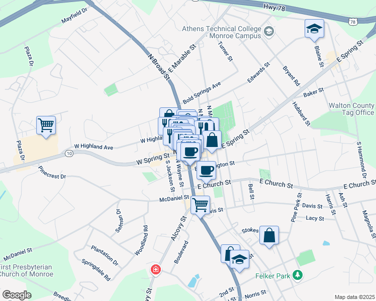map of restaurants, bars, coffee shops, grocery stores, and more near North Broad Street in Monroe