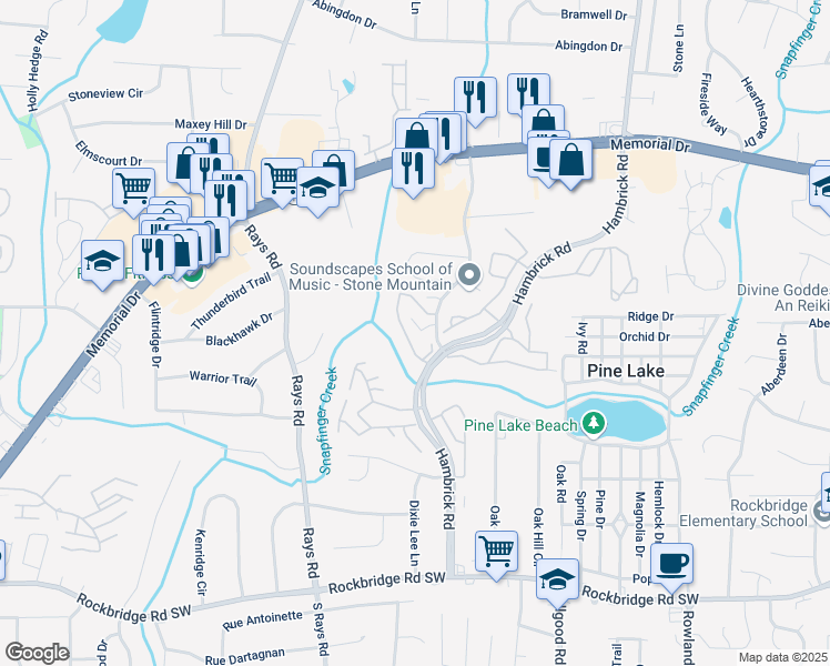 map of restaurants, bars, coffee shops, grocery stores, and more near 615 Watling Lane in Stone Mountain