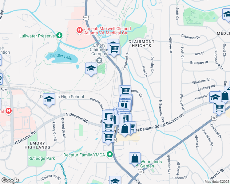 map of restaurants, bars, coffee shops, grocery stores, and more near 639 Brennan Drive in Decatur