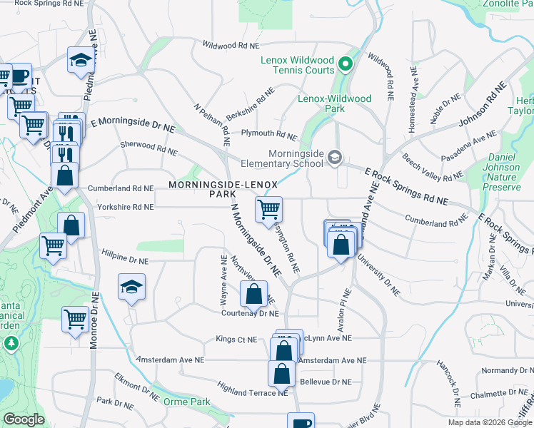 map of restaurants, bars, coffee shops, grocery stores, and more near 1484 Wessyngton Road Northeast in Atlanta
