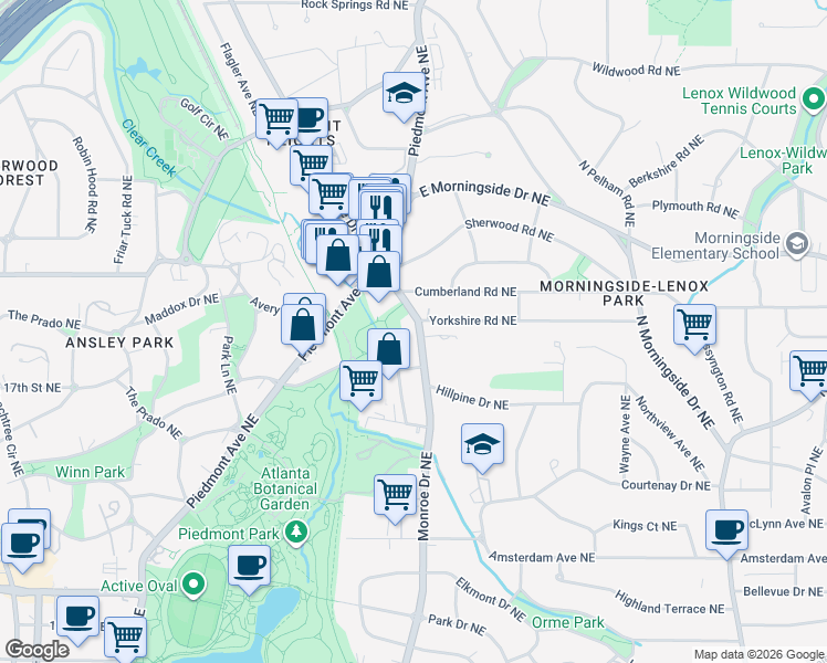 map of restaurants, bars, coffee shops, grocery stores, and more near 1480 Monroe Drive Northeast in Atlanta