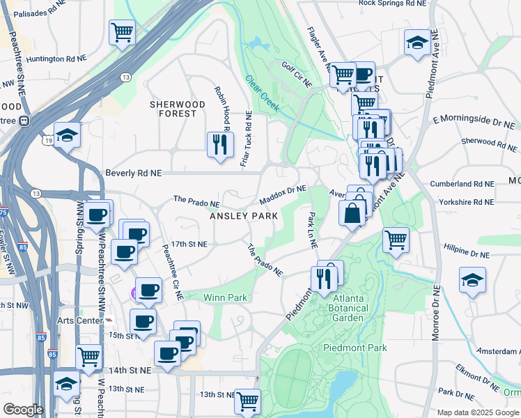 map of restaurants, bars, coffee shops, grocery stores, and more near 27 Maddox Drive Northeast in Atlanta