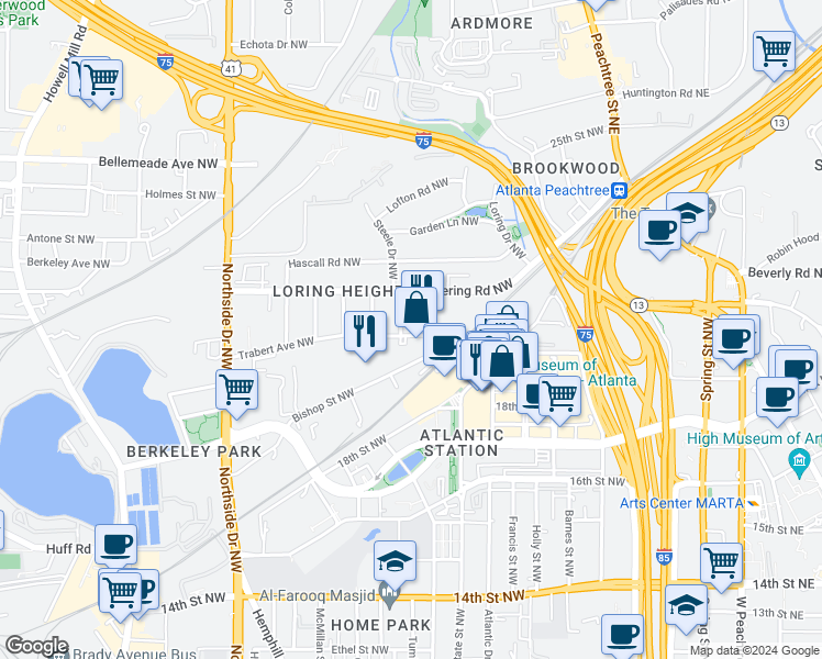 map of restaurants, bars, coffee shops, grocery stores, and more near 1468 Mecaslin Street Northwest in Atlanta