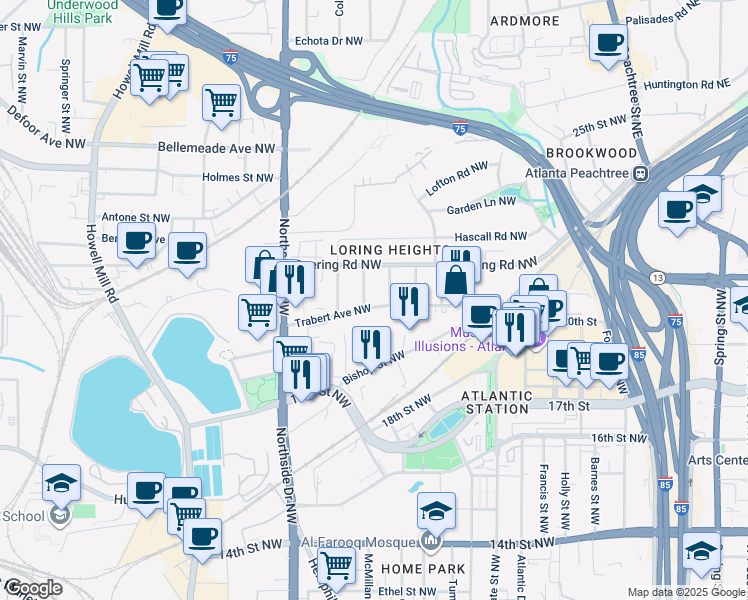 map of restaurants, bars, coffee shops, grocery stores, and more near 1474 Brooklyn Avenue Northwest in Atlanta