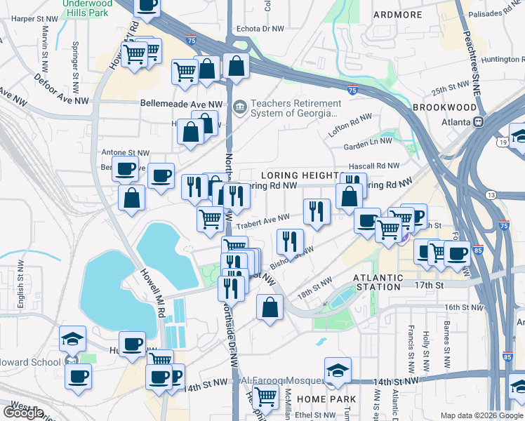 map of restaurants, bars, coffee shops, grocery stores, and more near 563 Trabert Avenue Northwest in Atlanta