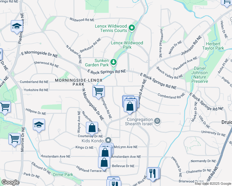 map of restaurants, bars, coffee shops, grocery stores, and more near 1475 Lanier Place Northeast in Atlanta