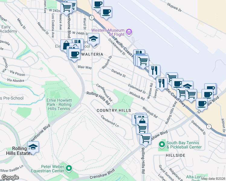 map of restaurants, bars, coffee shops, grocery stores, and more near 3309 Whiffletree Lane in Torrance
