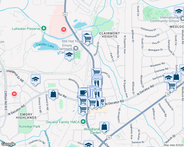map of restaurants, bars, coffee shops, grocery stores, and more near 639 Brennan Drive in Decatur