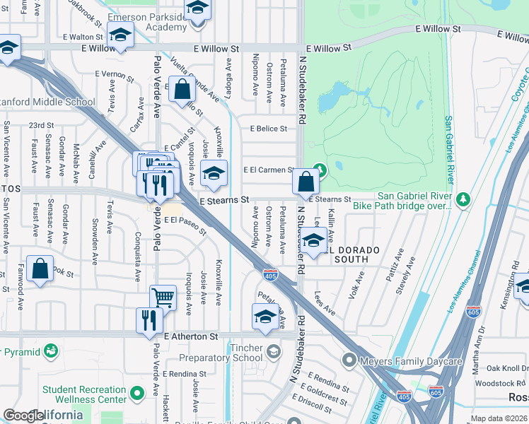 map of restaurants, bars, coffee shops, grocery stores, and more near 2137 Ostrom Avenue in Long Beach