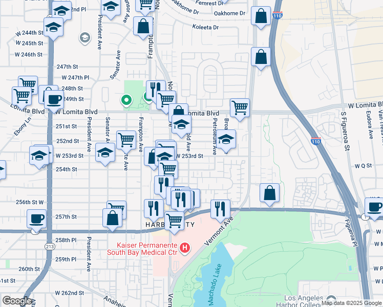 map of restaurants, bars, coffee shops, grocery stores, and more near 1087 West 253rd Street in Los Angeles