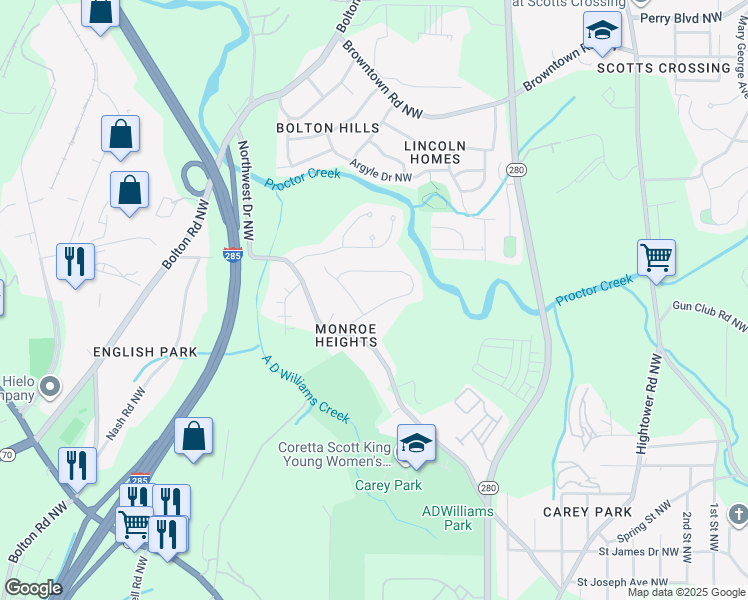 map of restaurants, bars, coffee shops, grocery stores, and more near 2843 Mango Circle Northwest in Atlanta
