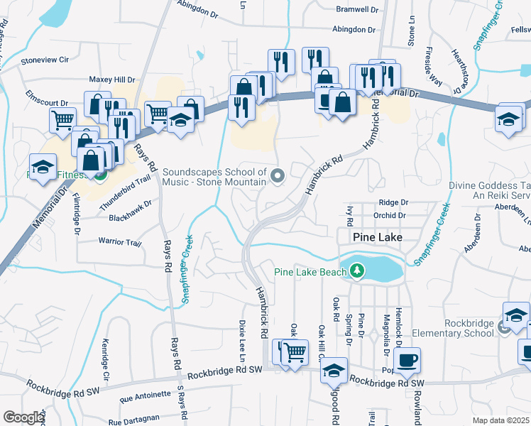 map of restaurants, bars, coffee shops, grocery stores, and more near 535 Windchase Lane in Stone Mountain