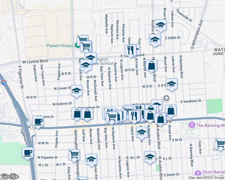 map of restaurants, bars, coffee shops, grocery stores, and more near 1566 North Neptune Avenue in Los Angeles