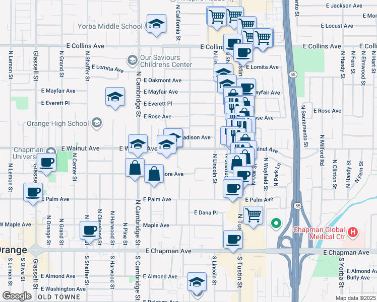 map of restaurants, bars, coffee shops, grocery stores, and more near 1242 East Walnut Avenue in Orange