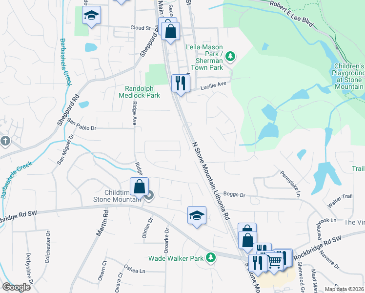 map of restaurants, bars, coffee shops, grocery stores, and more near 5193 Ridge Forest Drive in Stone Mountain