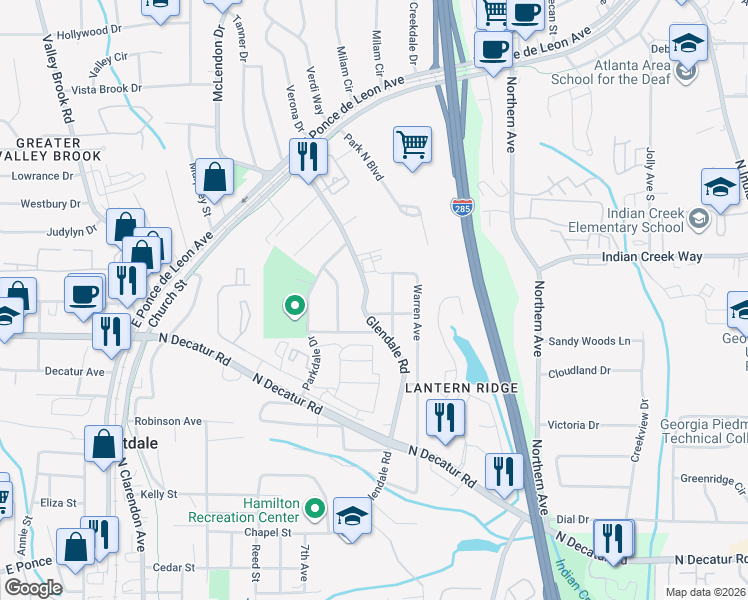 map of restaurants, bars, coffee shops, grocery stores, and more near 639 Glendale Road in Scottdale