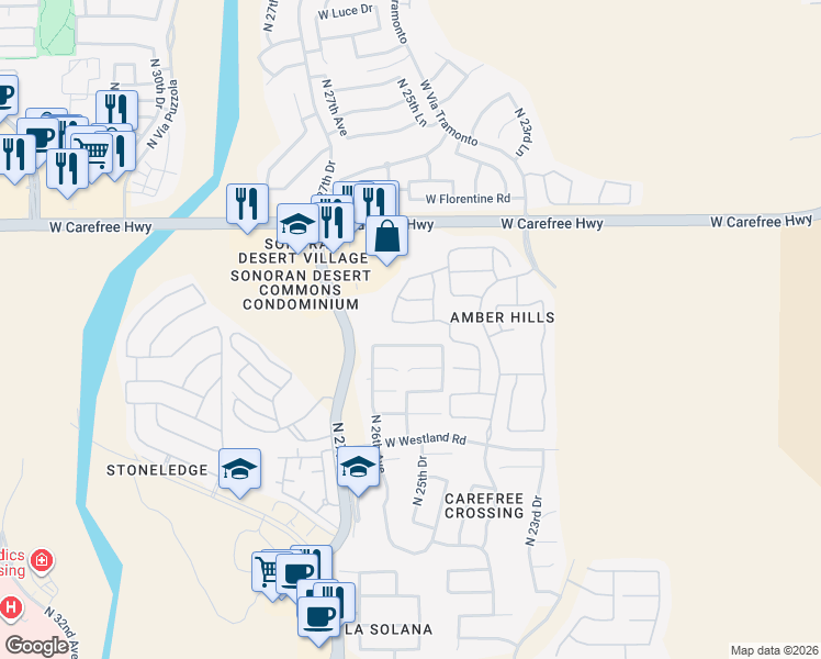 map of restaurants, bars, coffee shops, grocery stores, and more near 2529 West Tumbleweed Drive in Phoenix