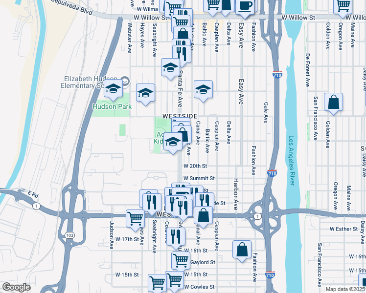 map of restaurants, bars, coffee shops, grocery stores, and more near 2083 Adriatic Avenue in Long Beach
