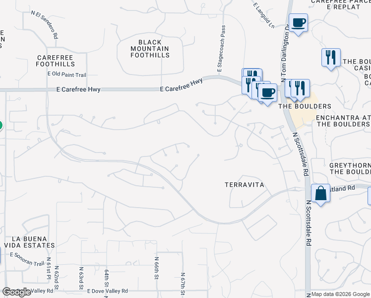 map of restaurants, bars, coffee shops, grocery stores, and more near 6729 East Brilliant Sky Drive in Scottsdale