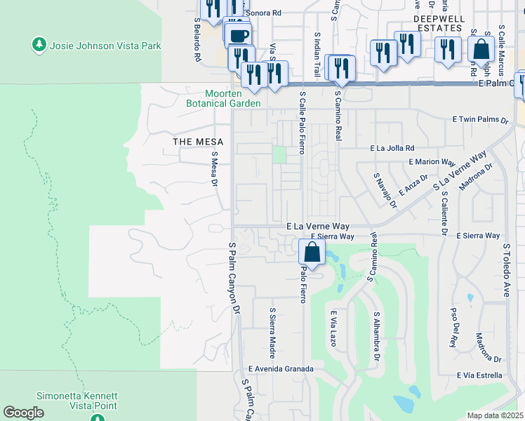 map of restaurants, bars, coffee shops, grocery stores, and more near 2071 Ramitas Way in Palm Springs