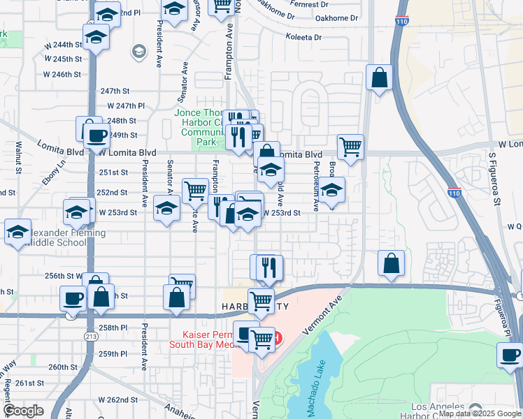 map of restaurants, bars, coffee shops, grocery stores, and more near 25222 Normandie Avenue in Los Angeles