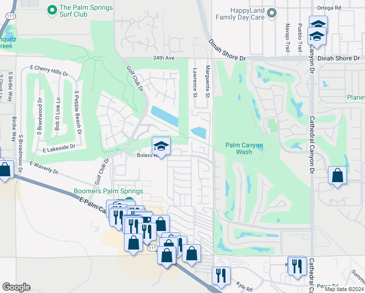 map of restaurants, bars, coffee shops, grocery stores, and more near in Palm Springs
